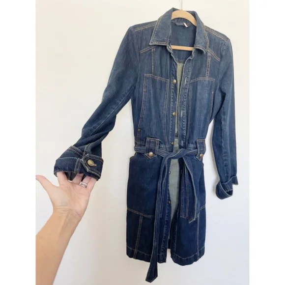 Free People Denim Jean Belted Trench Coat Jacket in Indigo M - Picture 10 of 12